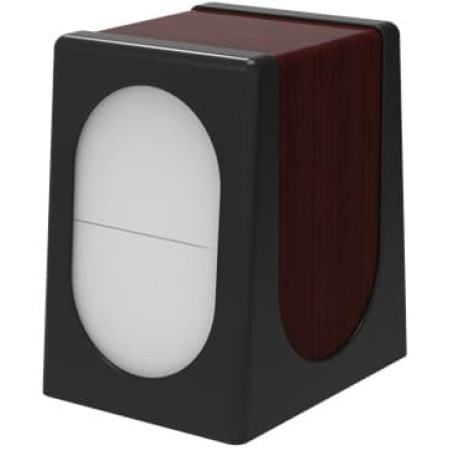 Настольный диспенсер для салфеток с металлическими вставками под дерево, корпус черный пластик.